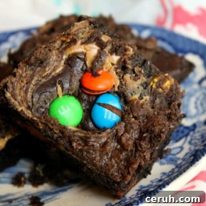 A peanut butter swirled brownie on a plate.