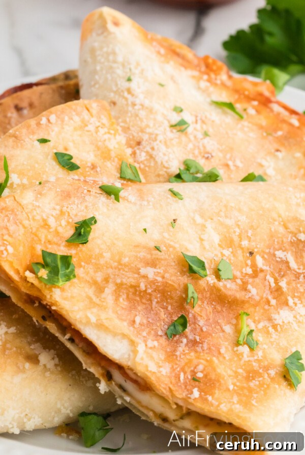 Pizza quesadilla made in the air fryer and topped with parmesan cheese and parsley.