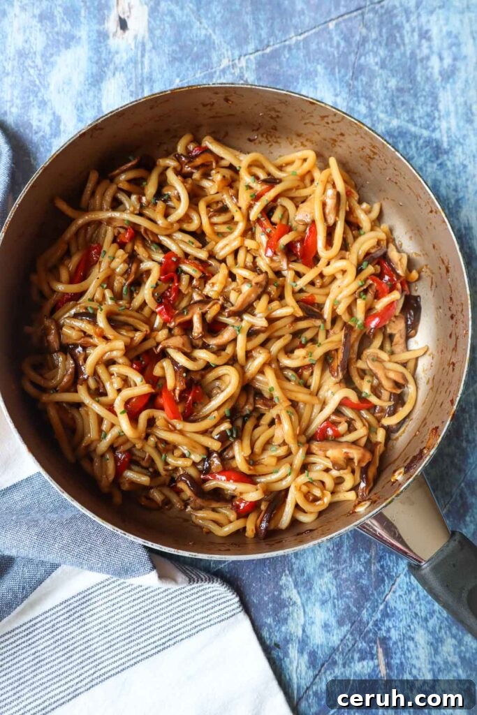 skillet with teriyaki udon topped with chives, mushrooms, and red bell peppers
