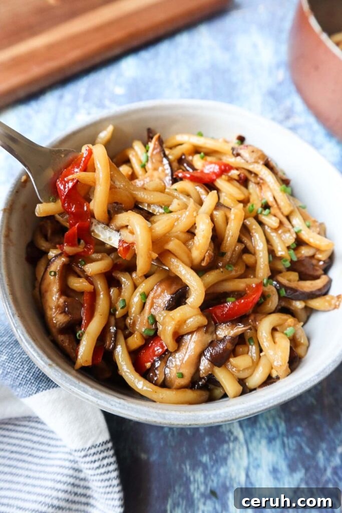 bowl with teriyaki udon topped with chives and made with red pepper and mushrooms