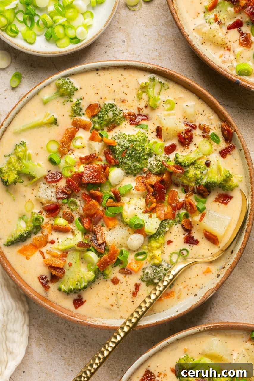 Creamy Dairy-Free Loaded Baked Potato Soup Recipe 2 an overhead shot of loaded baked potato soup in a bowl