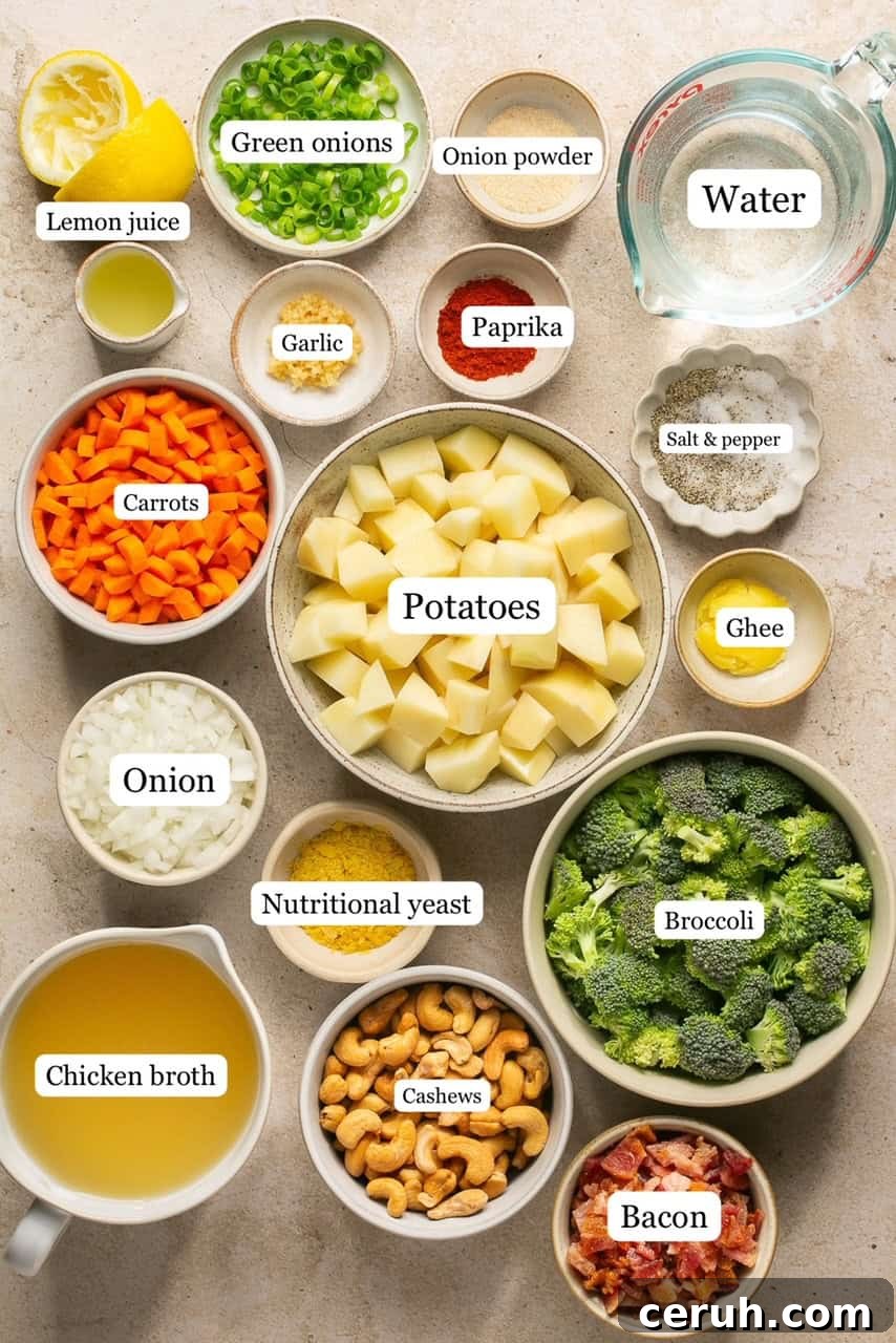 Creamy Dairy-Free Loaded Baked Potato Soup Recipe 3 recipe ingredients in small bowls and labeled