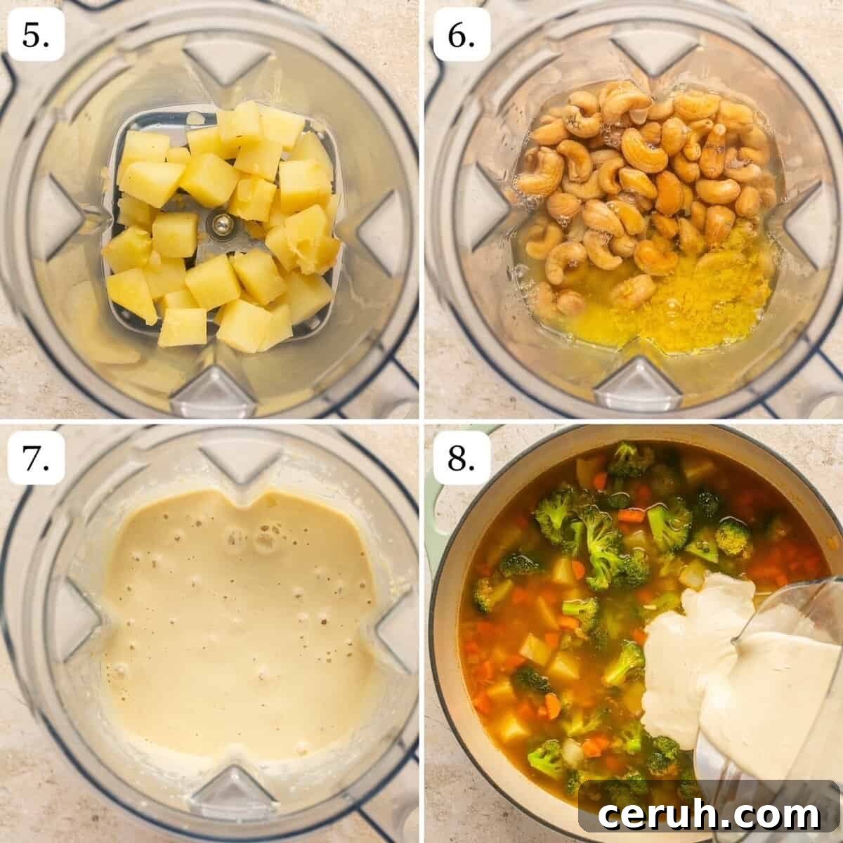 Creamy Dairy-Free Loaded Baked Potato Soup Recipe 5 numbered step by step photos showing how to finish the soup