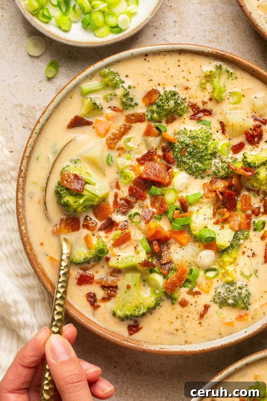 Creamy Dairy-Free Loaded Baked Potato Soup Recipe 7 a bowl of soup topped with bacon and green onion