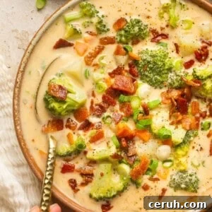 Creamy Dairy-Free Loaded Baked Potato Soup Recipe 9 loaded broccoli cheese & potato soup in a bowl with a spoon taking a bite out