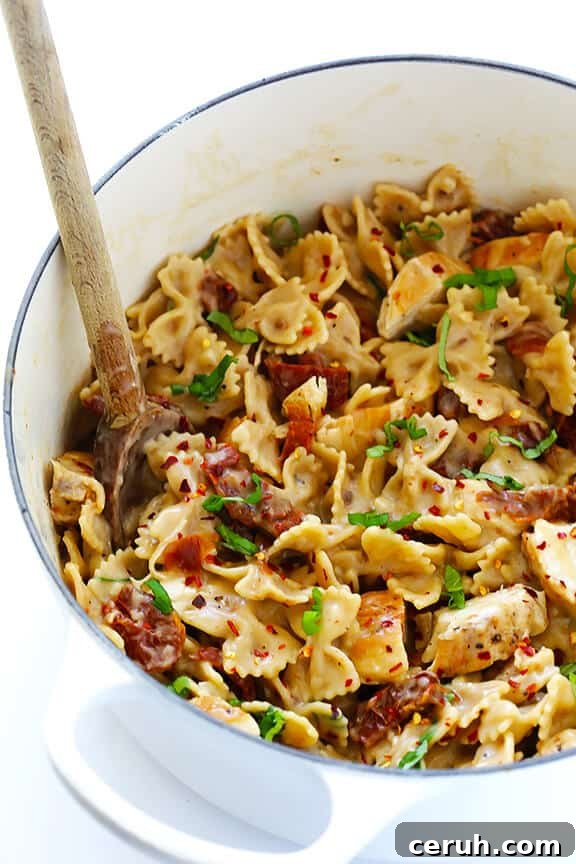 Creamy Chicken Pasta with Sun-Dried Tomatoes and Garlic 17 Creamy Pasta with Chicken & Sun-Dried Tomatoes -- ready to go in 30, and made with a lightened-up sauce | gimmesomeoven.com