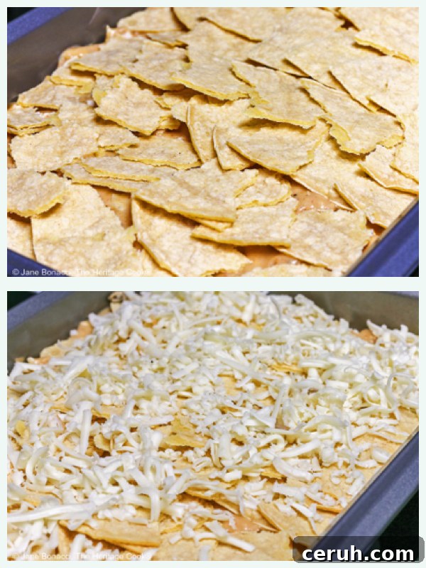 Casserole being assembled ... top: layered torn tortillas and bottom: covered with cheese before final bake. 