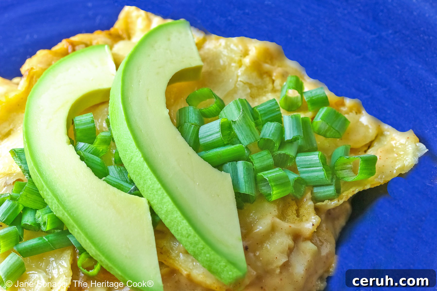 Chicken Enchilada Casserole cut into squares and served in a dark blue bowl, topped with chopped green onions and two slices of avocado, some with a blue cloth and fork in the back © 2025 Jane Bonacci, The Heritage Cook.
