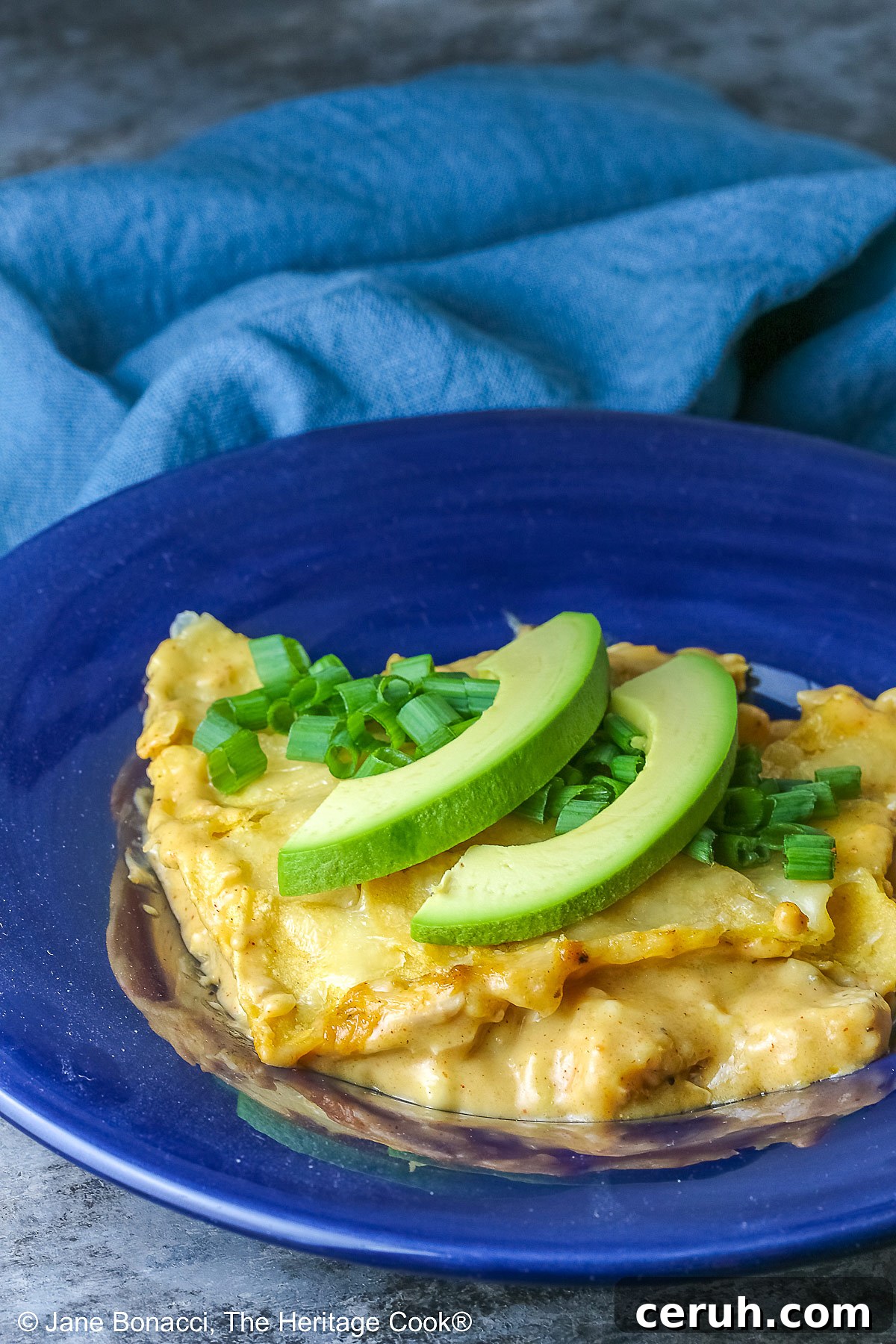 Chicken Enchilada Casserole cut into squares and served in a dark blue bowl, topped with chopped green onions and two slices of avocado, some with a blue cloth and fork in the back © 2025 Jane Bonacci, The Heritage Cook.
