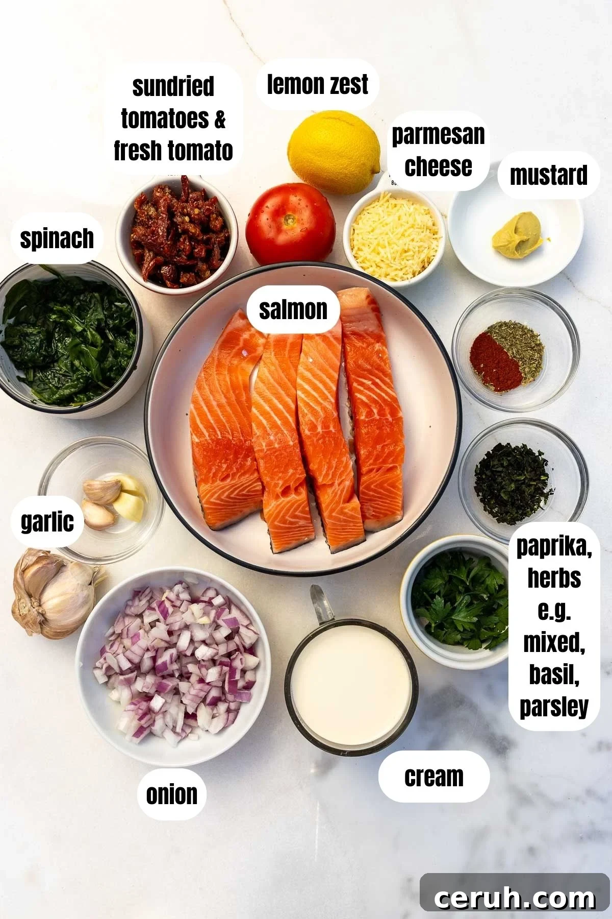 All the ingredients needed to make Tuscan salmon, labelled, including fresh salmon, cream, sundried tomatoes, fresh tomatoes, herbs and paprika, spinach, mustard, parmesan, lemon zest, and garlic.