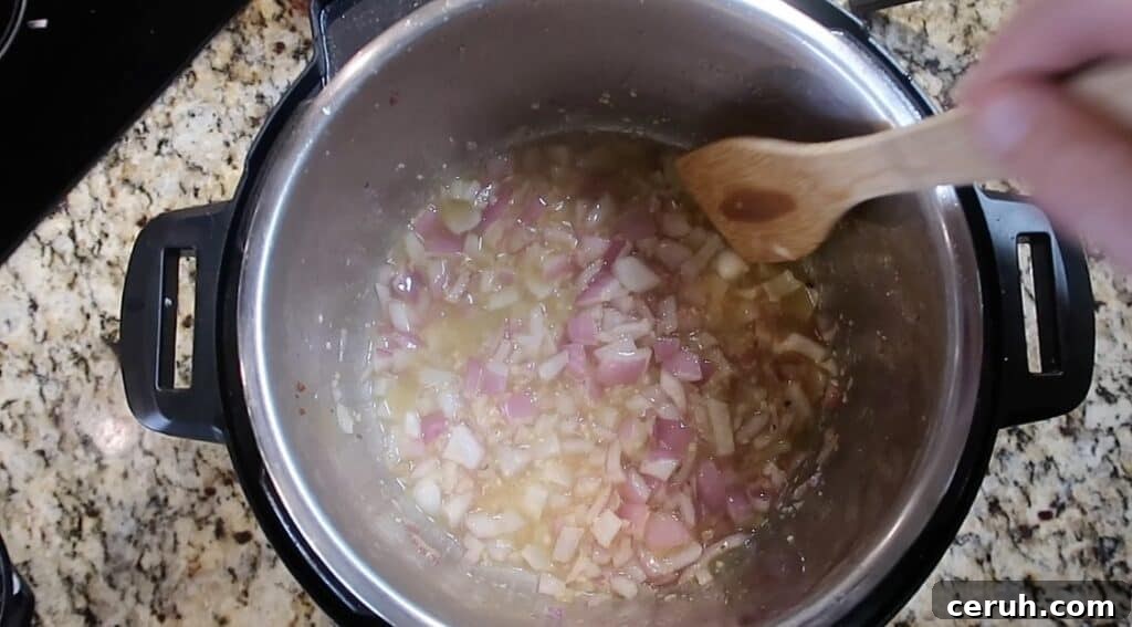 Instant Pot Linguine alla Parma: Creamy Prosciutto & Parmesan 12 Sautéing onion and garlic in olive oil