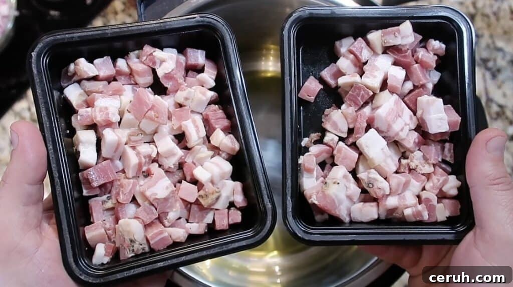 Instant Pot Linguine alla Parma: Creamy Prosciutto & Parmesan 5 Adding diced pancetta to pot.