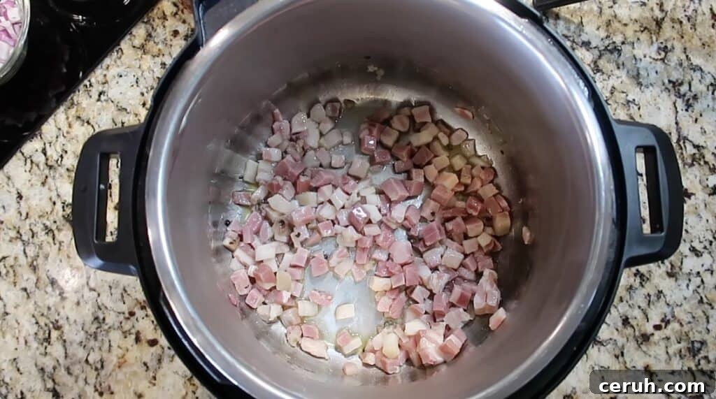 Instant Pot Linguine alla Parma: Creamy Prosciutto & Parmesan 6 Sautéing pancetta