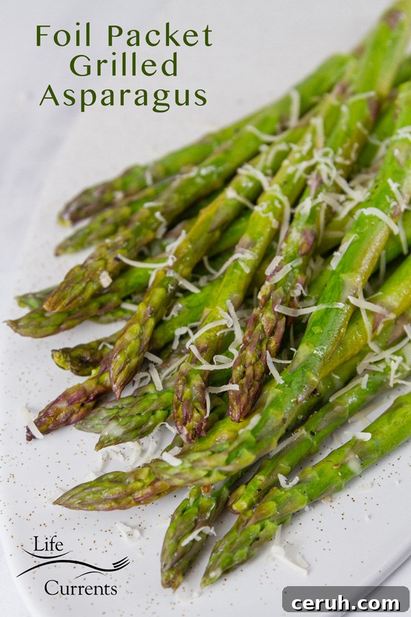 grilled asparagus on a white plate sprinkled with grated Parmesan cheese. Title in the top left: Foil Packet Grilled Asparagus