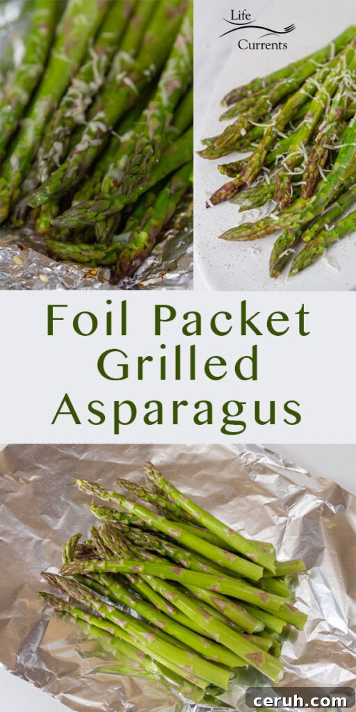 Three images of asparagus, uncooked on bottom, cooked in foil on upper left, and plated in upper right. Title in middle: Foil Packet Grilled Asparagus