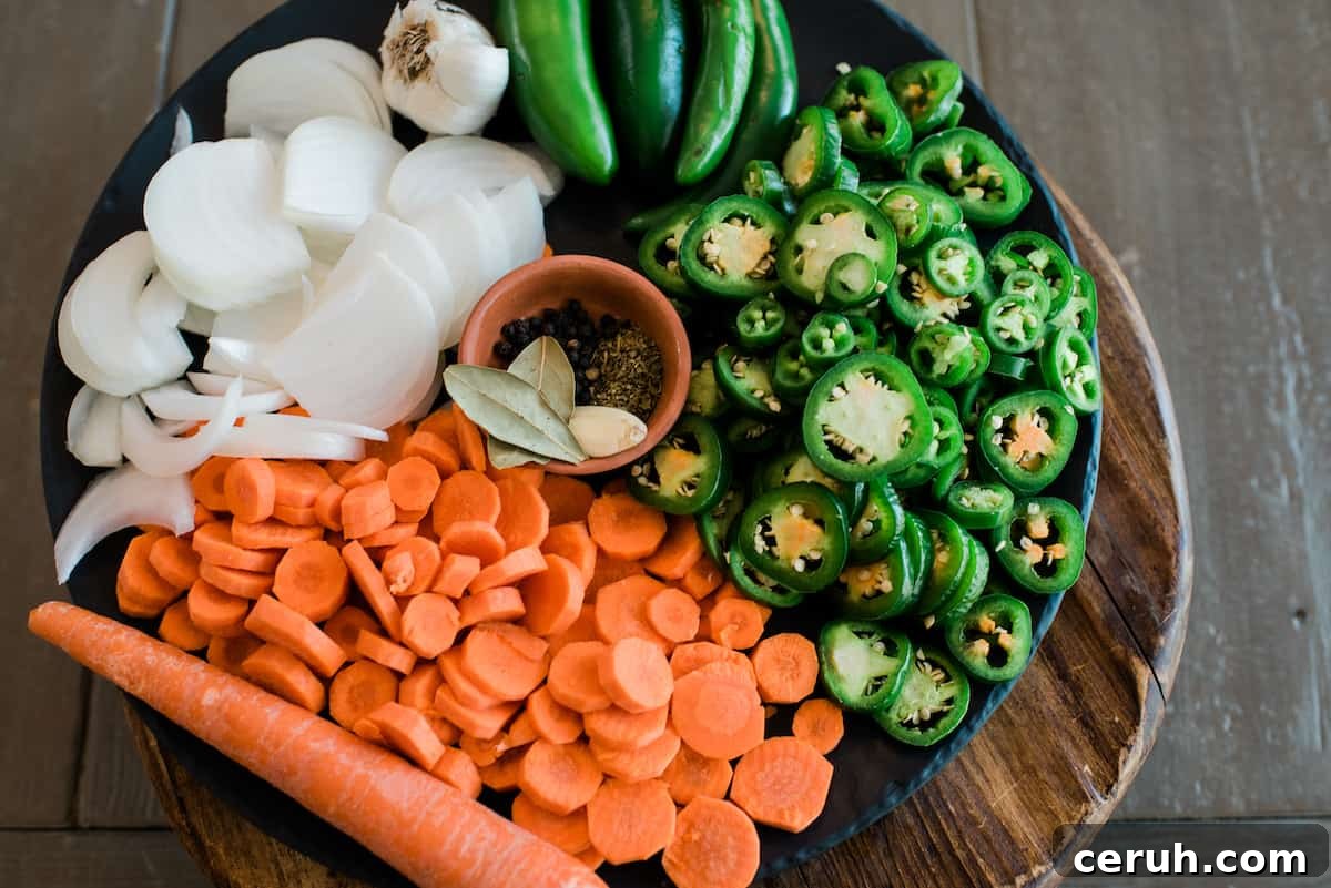 Prepped veggies for making Mexican pickled jalapeños and carrots.