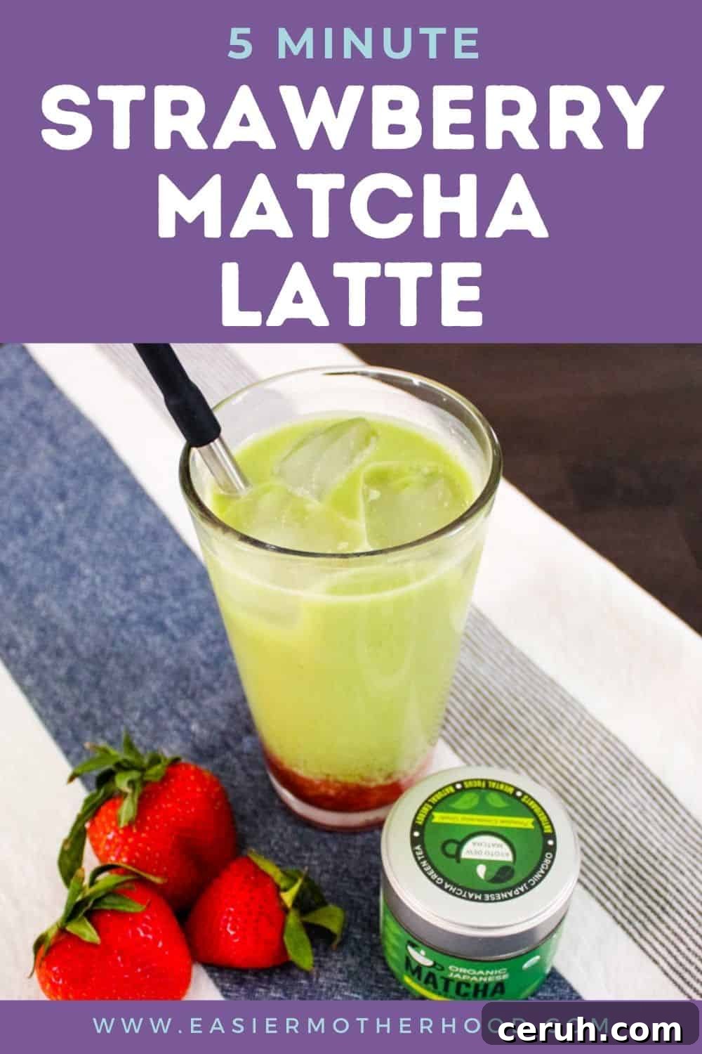 Pin with beverage, matcha container, and fresh strawberries on a table, text reads "5 minute strawberry matcha latte".