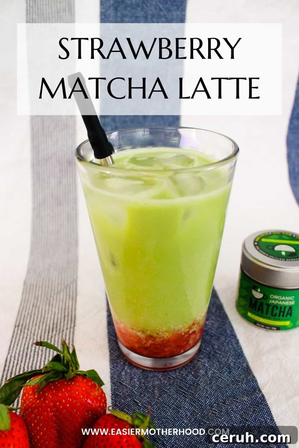 Pin displaying beverage, strawberries, and matcha on striped background. Text reads "strawberry matcha latte".