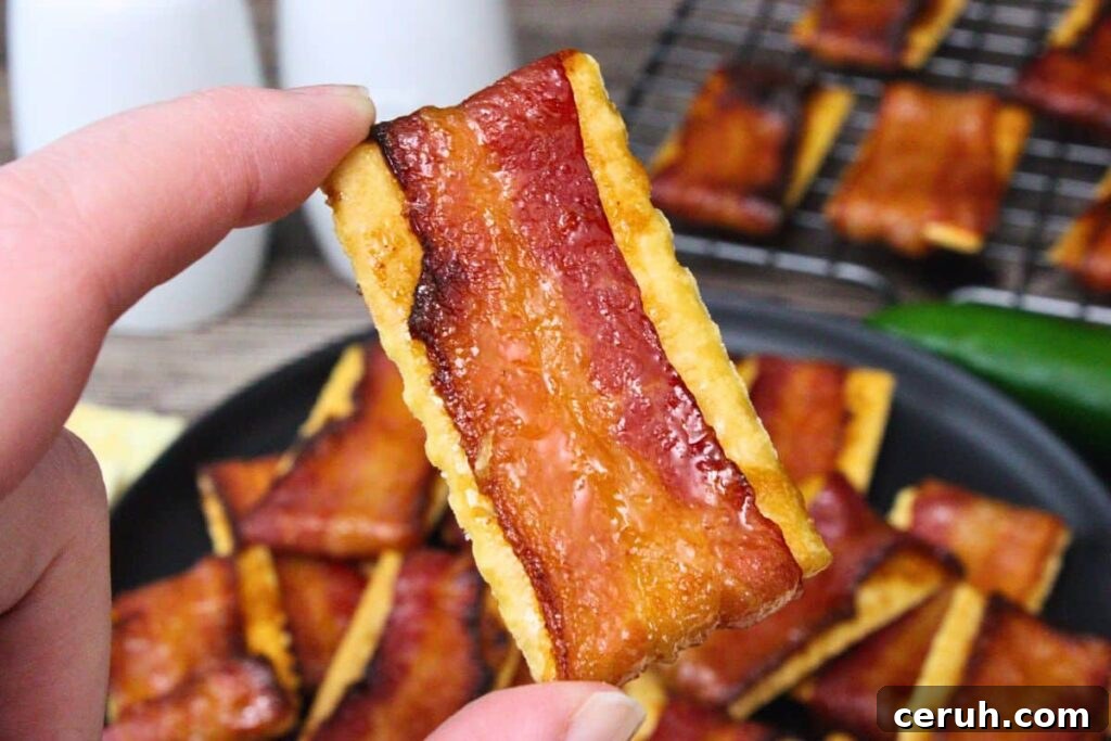 holding up a maple bacon cracker showing sweet salty and crunchy appetizer