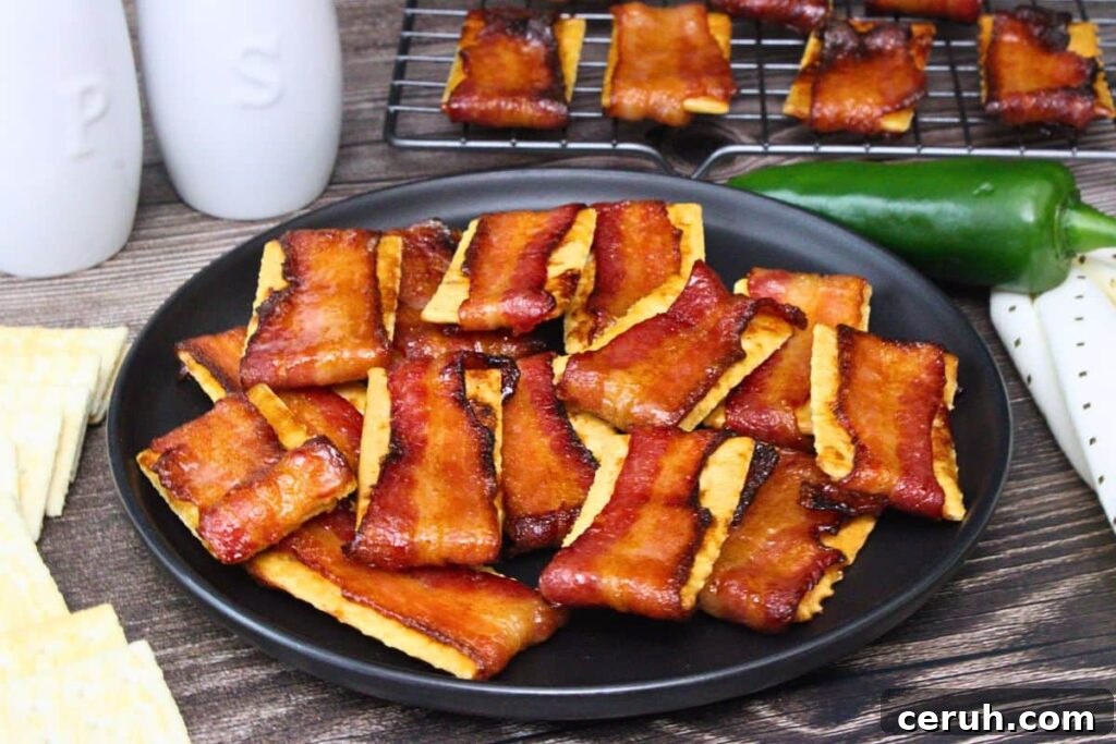 black plate stacked with air fryer bacon crackers on a wooden table with more club crackers