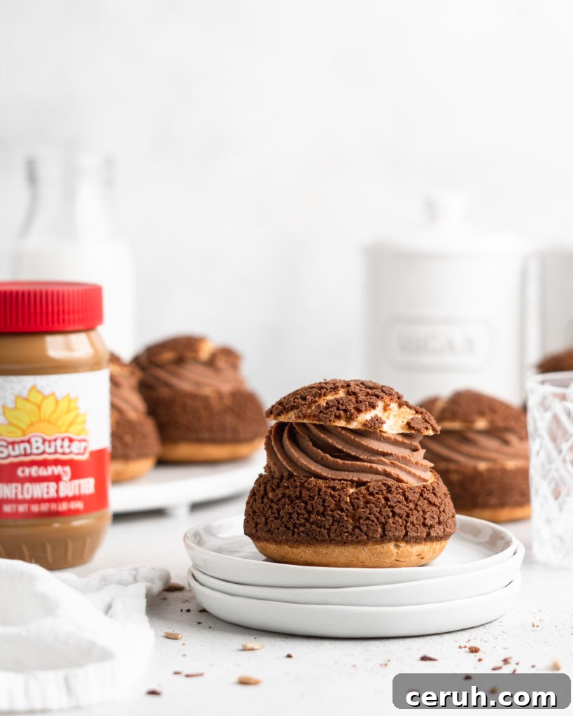 Cream puffs topped with a chocolate craquelin, filled with a creamy SunButter Milk Chocolate whipped ganache filling