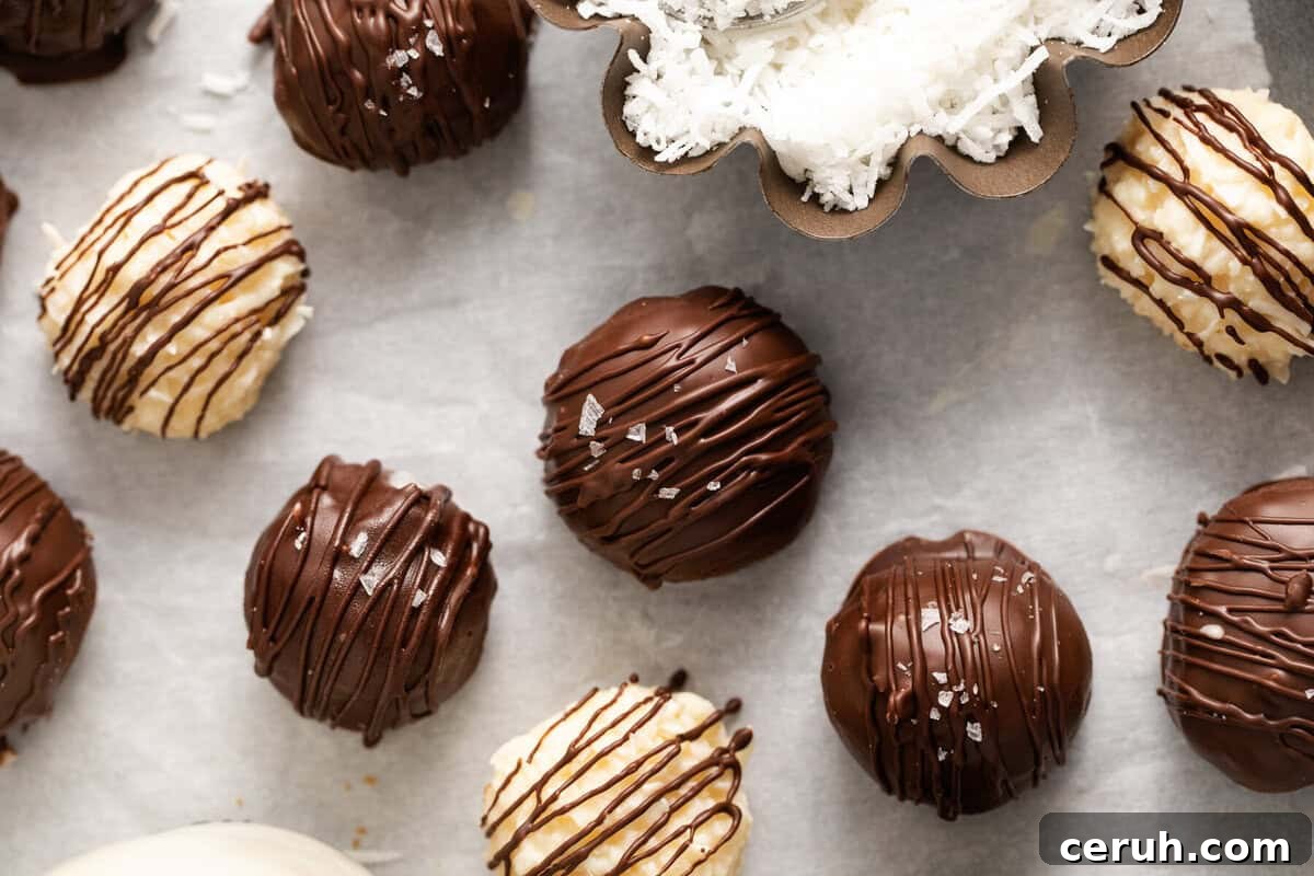 close up view of coconut truffles in a serving dish.