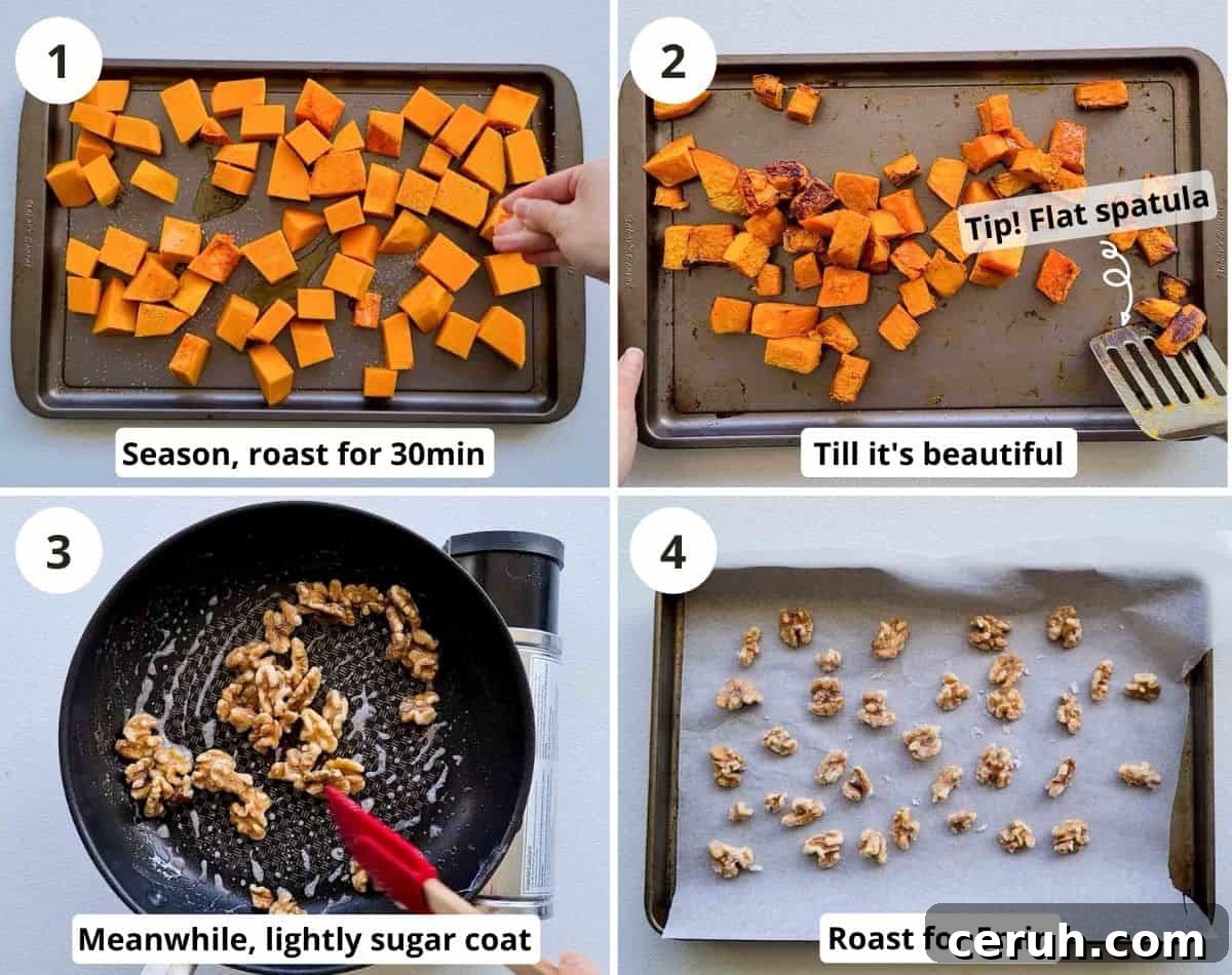 Step by step of how to roast pumpkins and candy walnuts