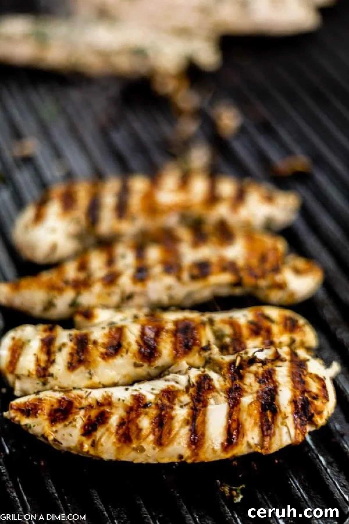 Grilled Chicken Tenders on a grill grate. 