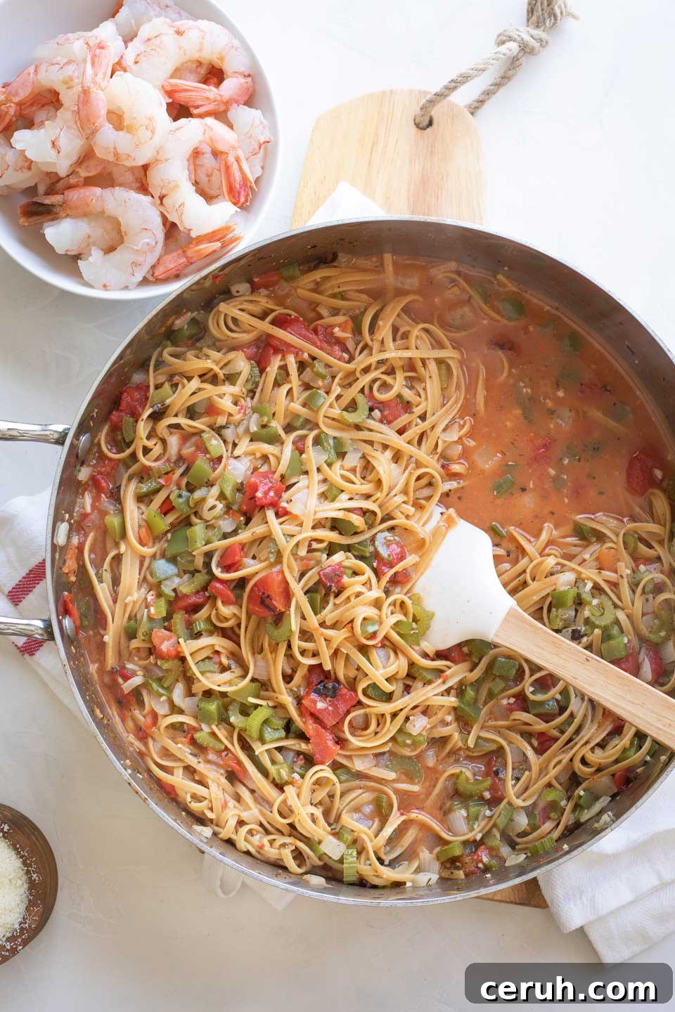 Overhead of pot once pasta has been cooked, but before shrimp has been added.
