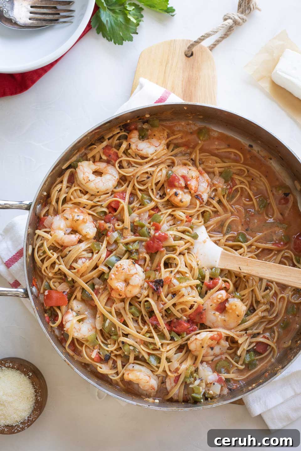 Recipe after shrimp are done cooking but before cheeses are added.