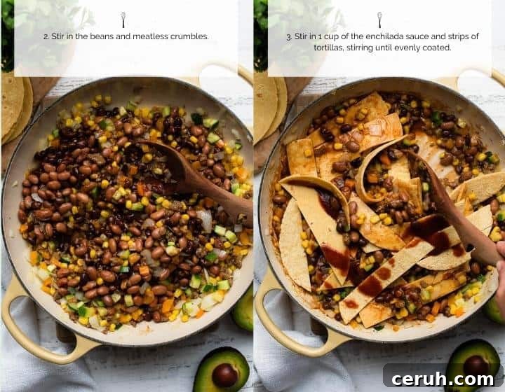 Step by step instructions for how to make Vegetarian Enchilada Skillet Casserole.