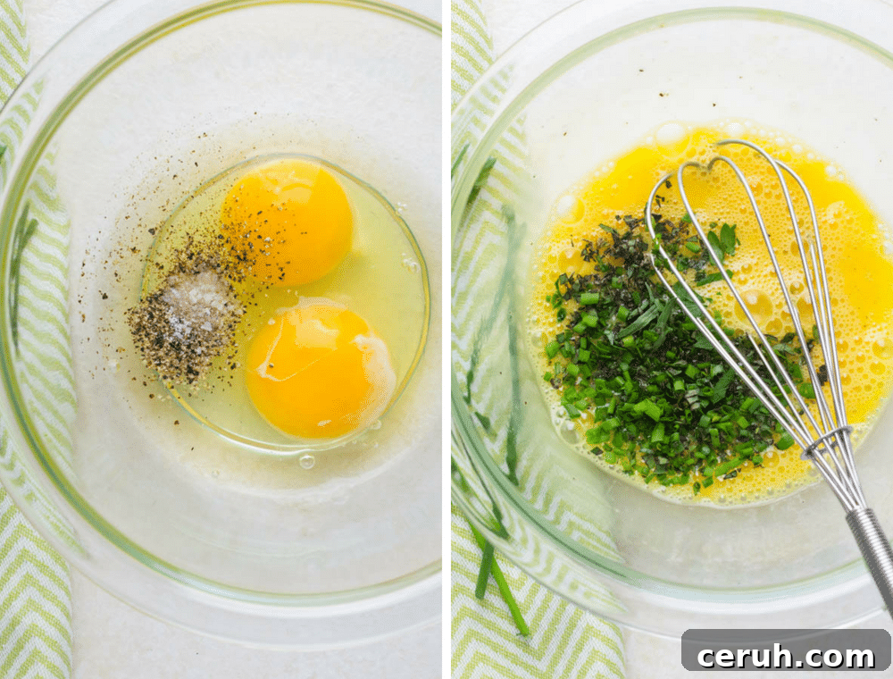 whisking eggs and herbs.