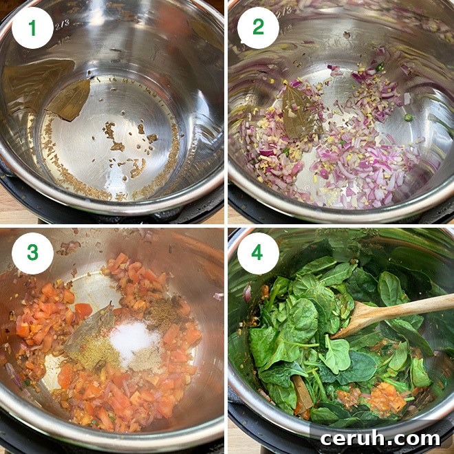 step by step recipe collage of making mixed vegetable spinach curry in instant pot