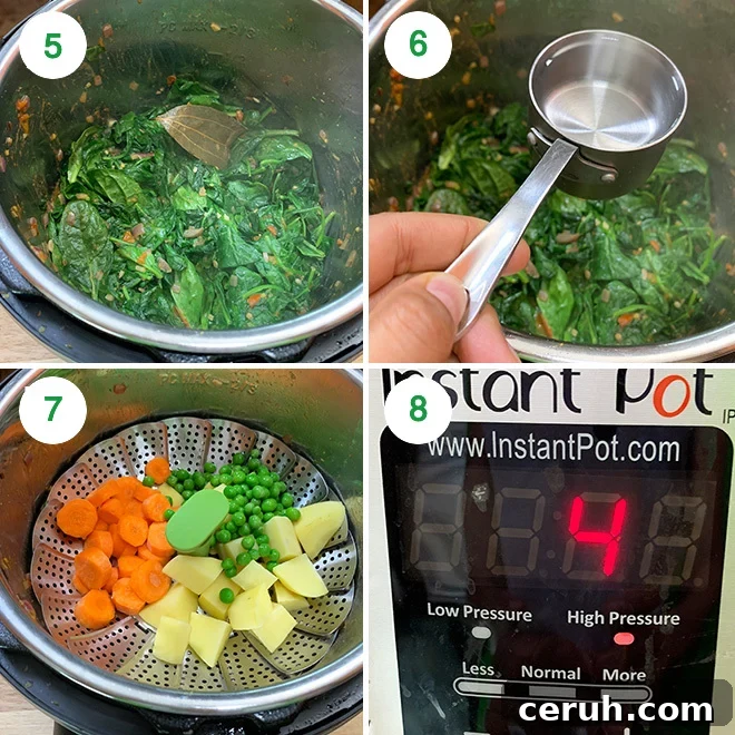 step by step recipe collage of making mixed vegetable spinach curry in instant pot