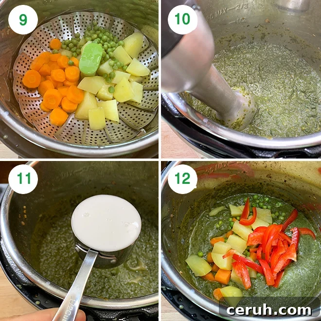 step by step recipe collage of making mixed vegetable spinach curry in instant pot