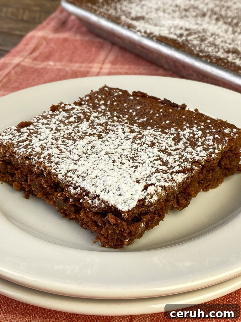 Large homemade brownie dusted with powdered sugar on a white plate on a red plaid napkin