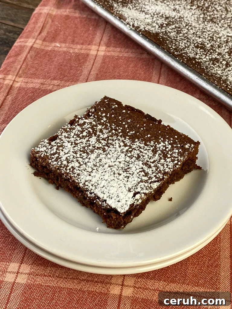 Overhead view of a large brownie next to a big baking sheet full of brownies with confectioners sugar