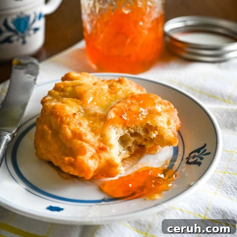 Southern fry bread with jam on a blue and white plate.