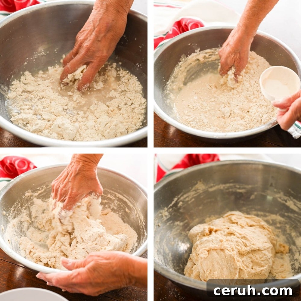 Steps for adding flour and mixing the dough.