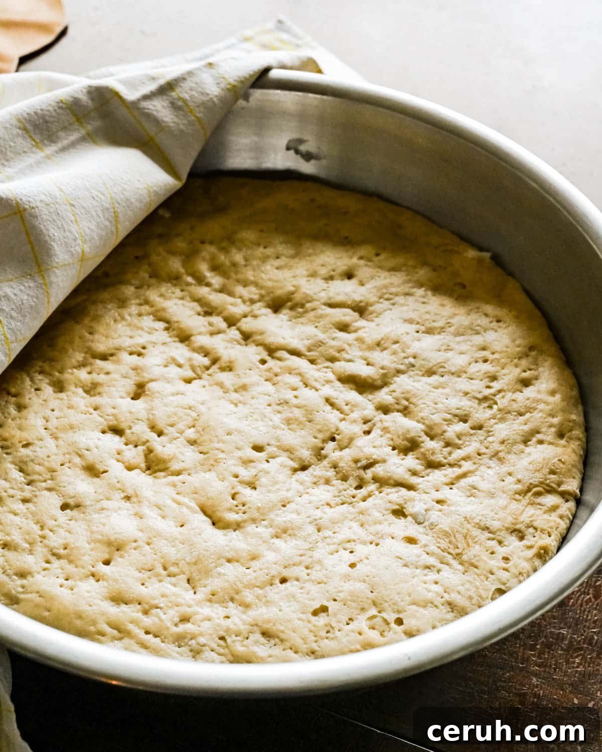 The next day, the dough has spread and risen, filling the bowl with yeast dough.