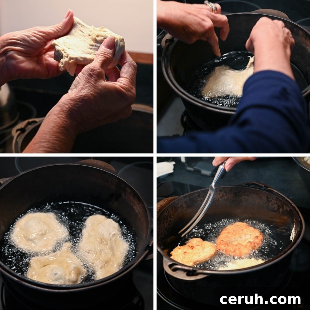 stretching the dough into rounds and placing in hot oil for pan fried bread.