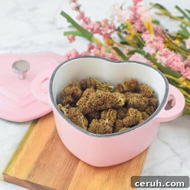 A picture of decarbed cannabis flower in an oven-safe baking dish.