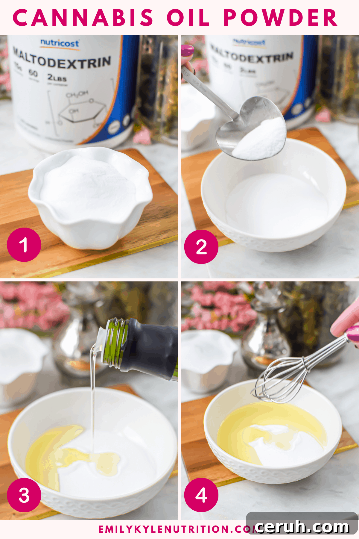 A 4 step collage showing how to make maltodextrin oil powder with a bowl of maltodextrin, adding oil to it, and stirring