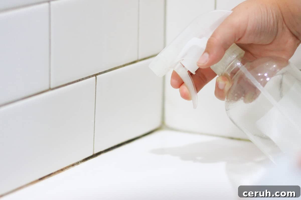 Natural Ways to Remove Mold from Shower Grout Quickly 3 mold in shower tile grout being sprayed with vinegar in a spray bottle