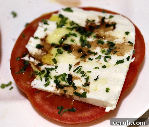 Tomato Caprese Appetizer on white plate