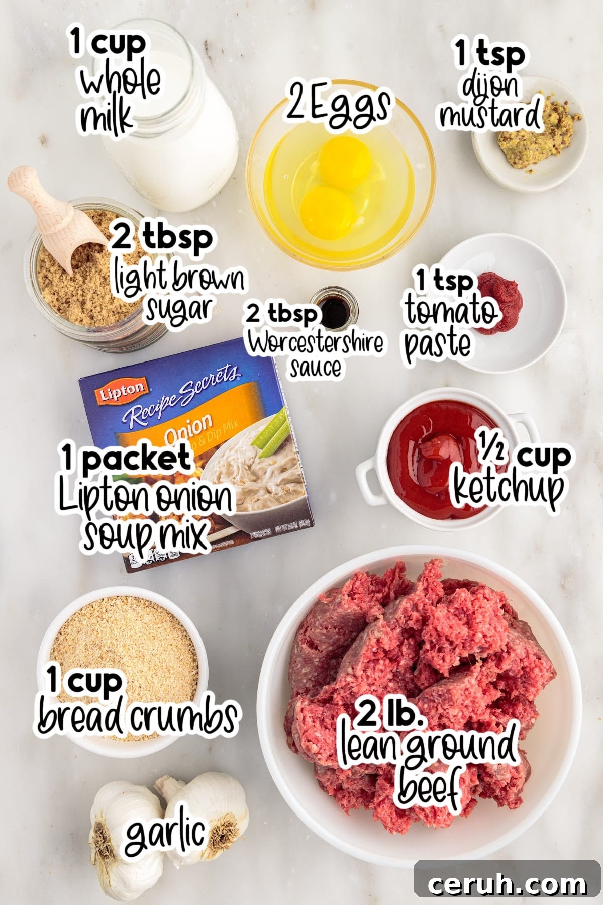 Ingredients needed to make Lipton Onion Soup Meatloaf with text overlay.
