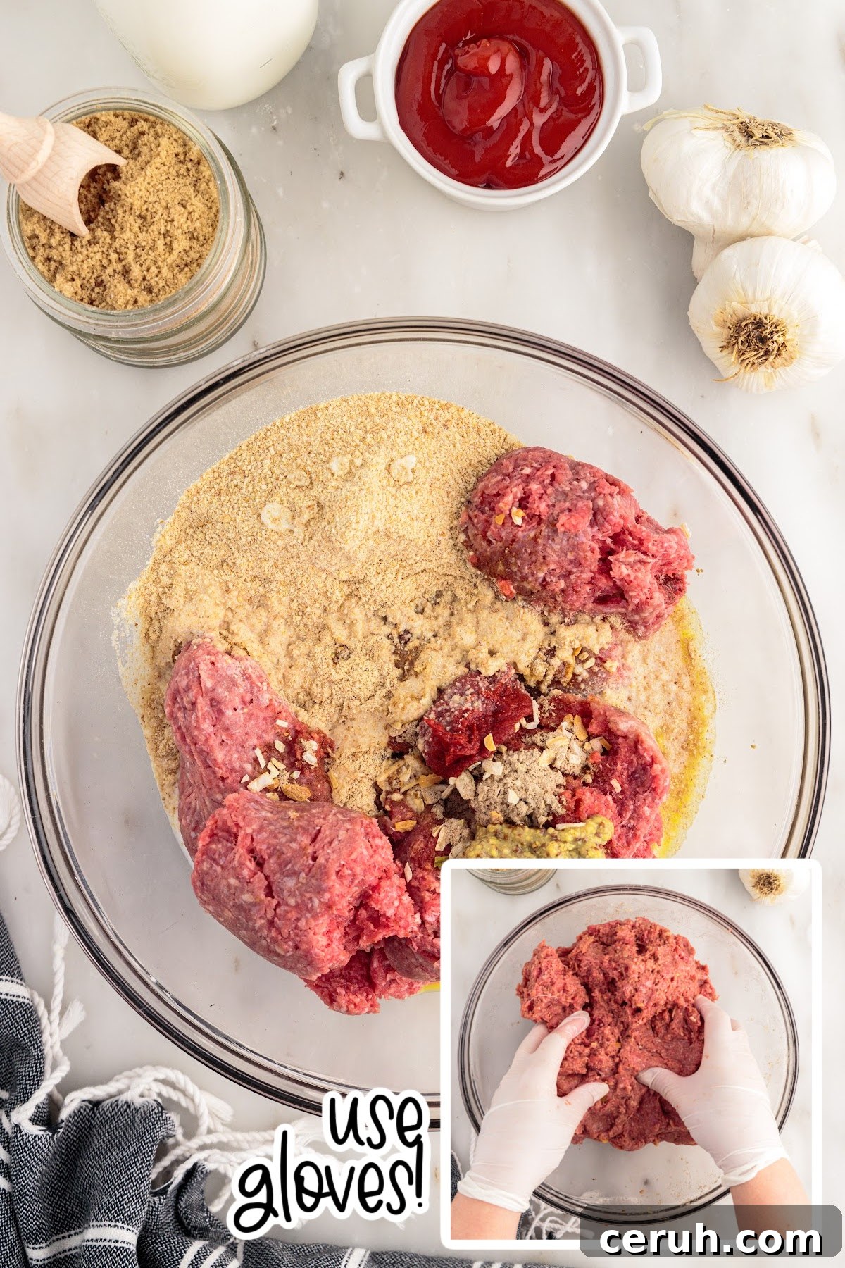 Ingredients to make Lipton Onion Soup Meatloaf in a mixing bowl and an image of the meat mixed with ingredients.