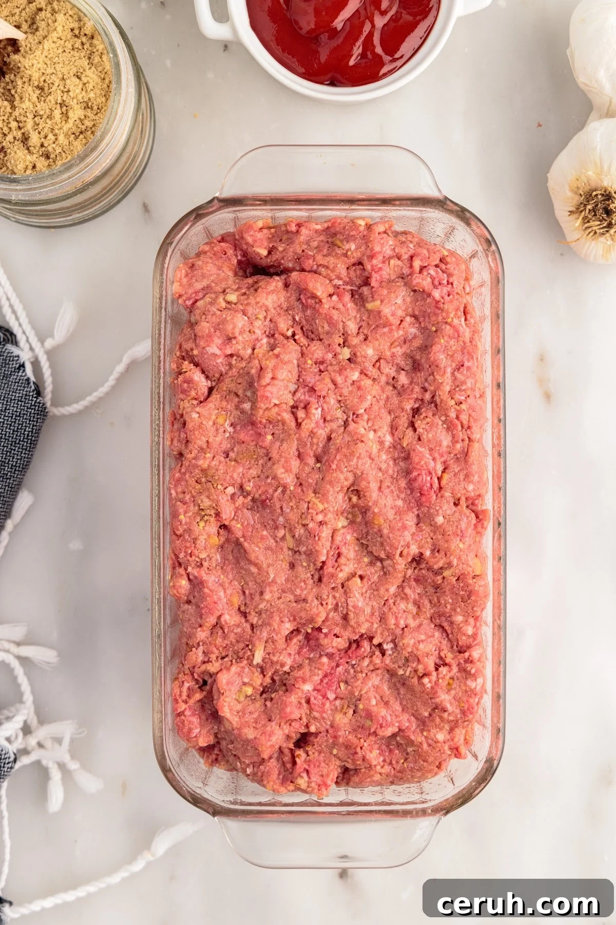 Lipton Onion Soup Meatloaf in a glass loaf pan.