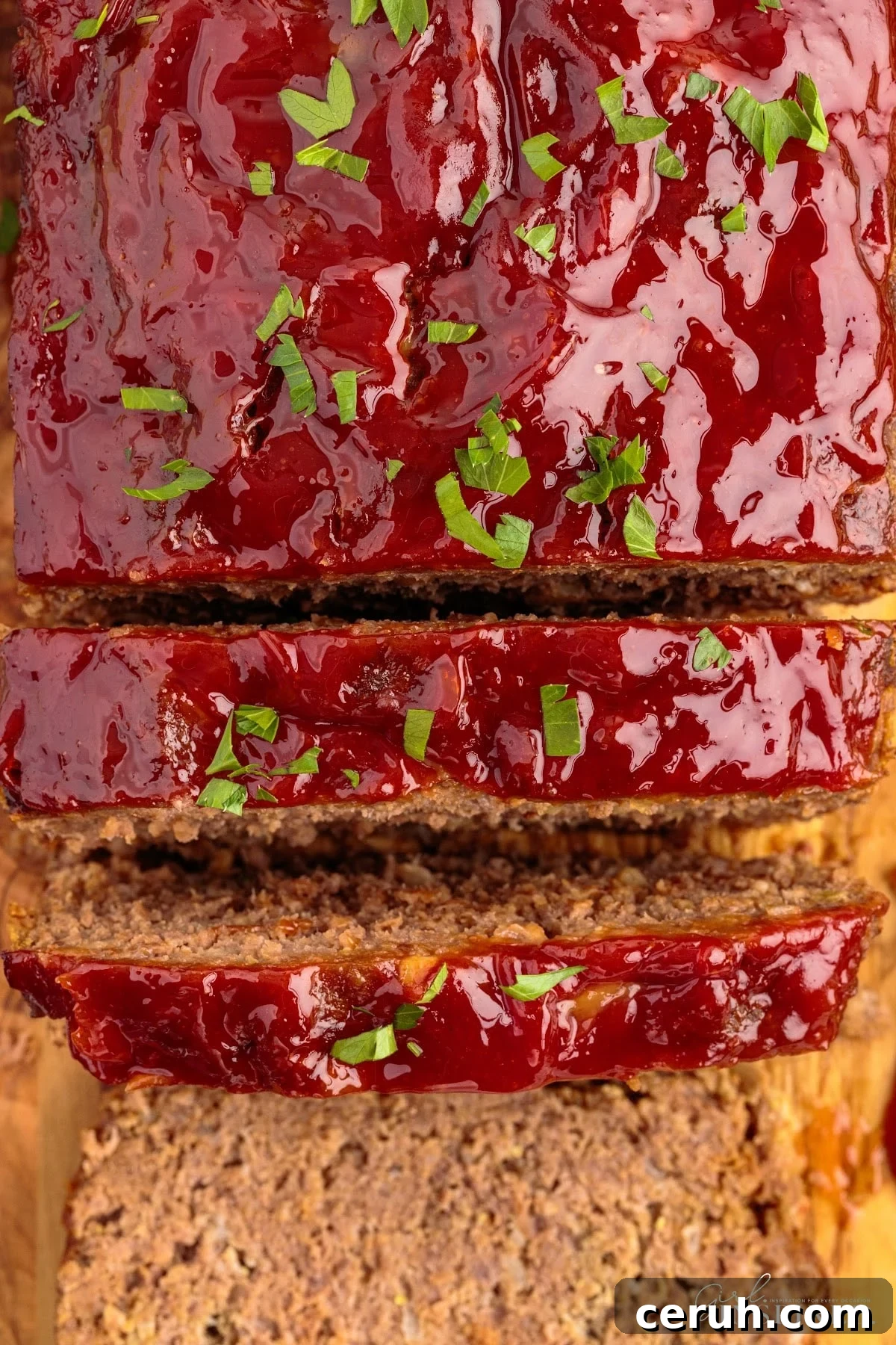 Overhead close up of Lipton Onion Soup Meatloaf with slices cut.
