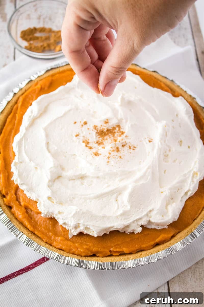 chai spice being sprinkled on top of cream cheese pumpkin pie